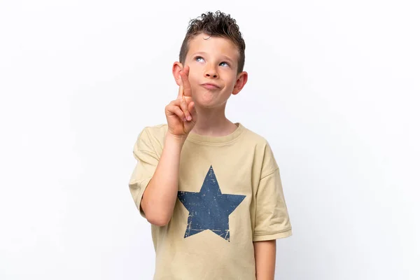 Little Caucasian Boy Isolated White Background Fingers Crossing Wishing Best — Foto Stock