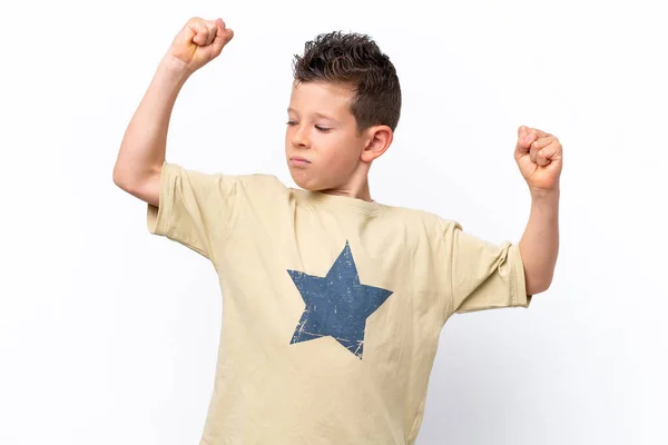 Little Caucasian Boy Isolated White Background Doing Strong Gesture —  Fotos de Stock