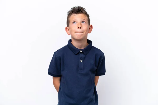 Little Caucasian Boy Isolated White Background Looking —  Fotos de Stock