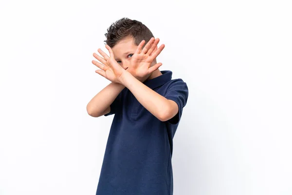 Pequeño Chico Caucásico Aislado Sobre Fondo Blanco Nervioso Estirando Las —  Fotos de Stock