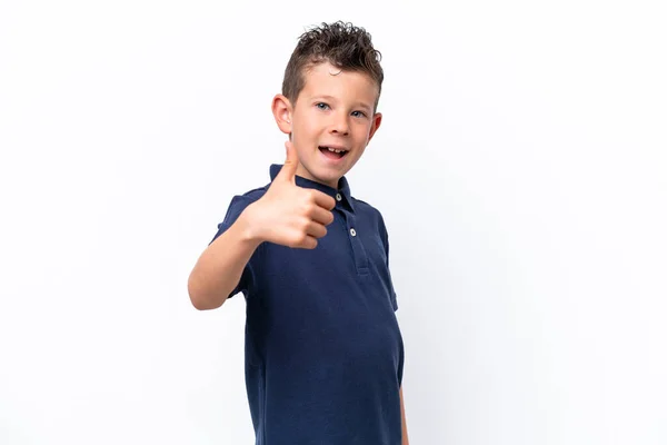 Little Caucasian Boy Isolated White Background Thumbs Because Something Good — Stok fotoğraf