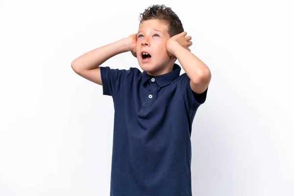 Little Caucasian Boy Isolated White Background Stressed Overwhelmed — Fotografia de Stock