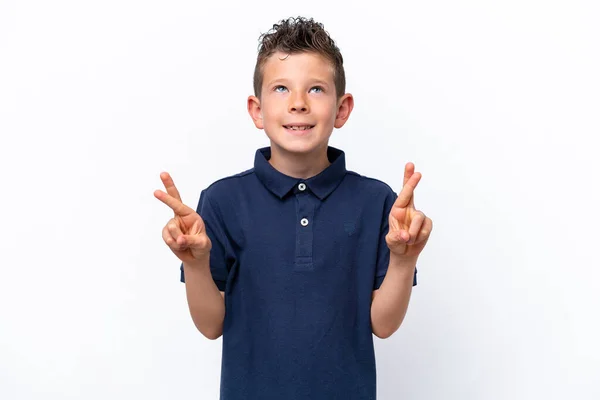 Little Caucasian Boy Isolated White Background Fingers Crossing Wishing Best — Stockfoto