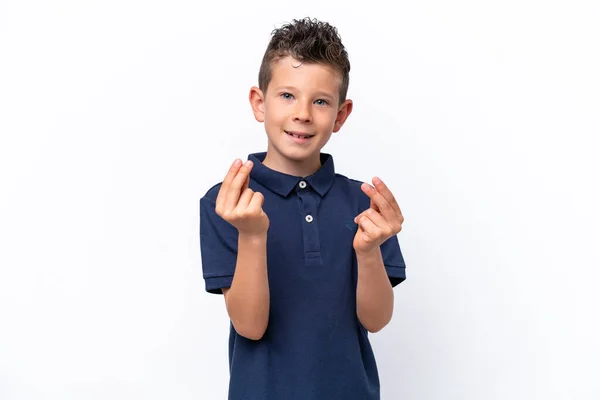 Little Caucasian Boy Isolated White Background Making Money Gesture — Stock Photo, Image