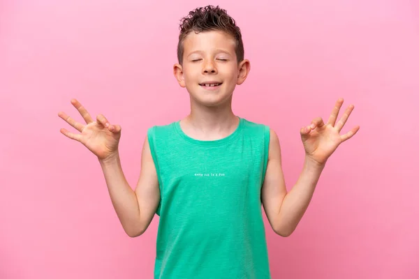 Little Caucasian Boy Isolated Pink Background Zen Pose — Foto Stock