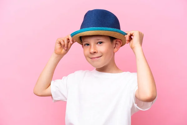 Little Caucasian Boy Wearing Hat Isolated Pink Background — Photo