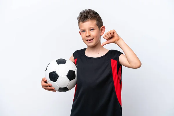 Little Caucasian Boy Isolated White Background Soccer Ball Proud Himself — Stockfoto