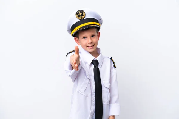 Mały Pilot Samolotu Chłopiec Odizolowany Białym Tle Ściskając Dłonie Zamknięcie — Zdjęcie stockowe