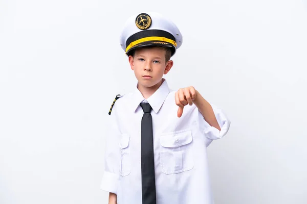 Little Airplane Pilot Boy Isolated White Background Showing Thumb Negative — Foto Stock