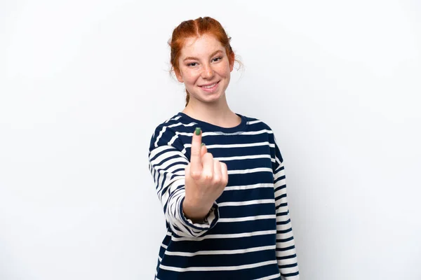 Young Reddish Woman Isolated White Background Doing Coming Gesture — Stockfoto