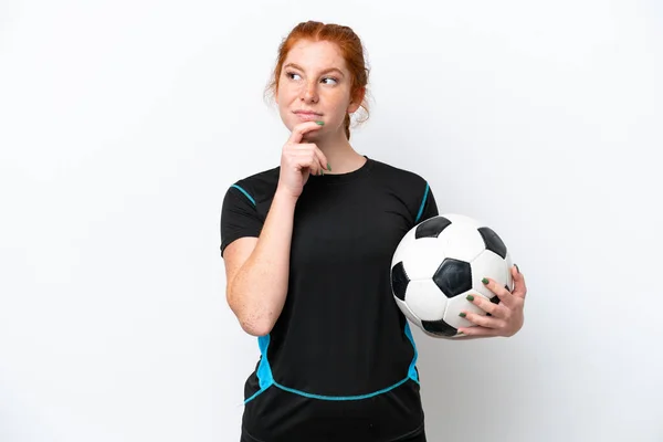 Young Caucasian Reddish Football Player Woman Isolated White Background Having — стоковое фото