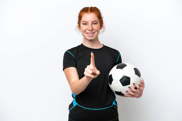 Young Caucasian Reddish Football Player Woman Isolated White Background Showing —  Fotos de Stock