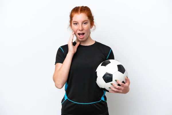 Young Caucasian Reddish Football Player Woman Isolated White Background Surprise — стоковое фото
