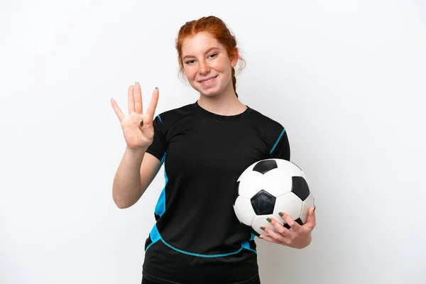 Young Caucasian Reddish Football Player Woman Isolated White Background Happy — Photo
