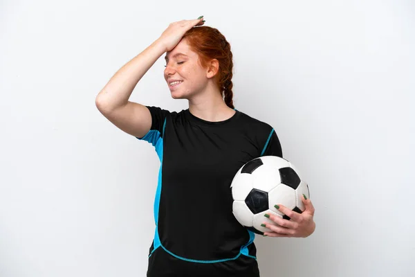 Young Caucasian Reddish Football Player Woman Isolated White Background Has — стоковое фото
