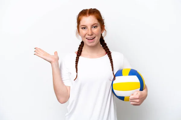 Young Caucasian Reddish Woman Playing Volleyball Isolated White Background Shocked — Photo