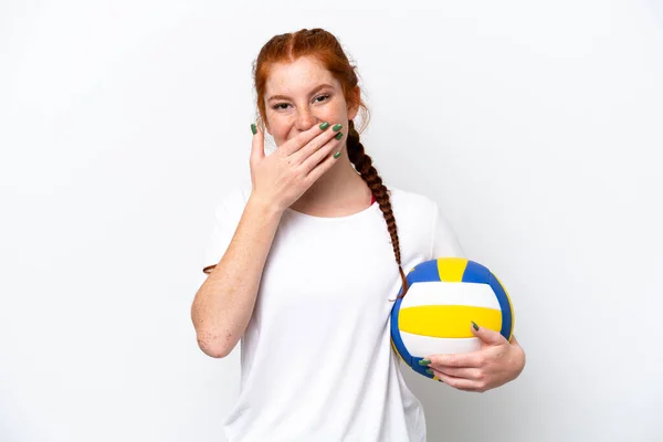 Young Caucasian Reddish Woman Playing Volleyball Isolated White Background Happy — Photo