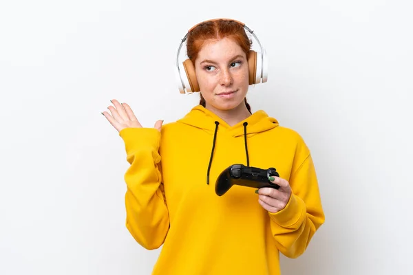 Young Reddish Woman Playing Video Game Controller Isolated White Background — 图库照片