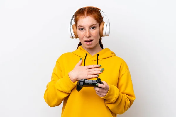 Young Reddish Woman Playing Video Game Controller Isolated White Background — Zdjęcie stockowe