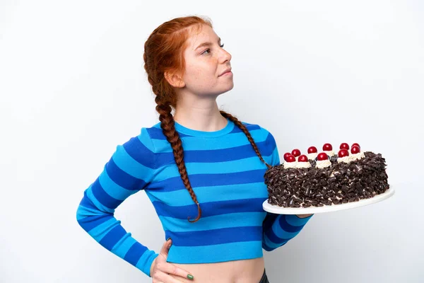 Young Reddish Woman Holding Birthday Cake Isolated White Background Suffering — 스톡 사진