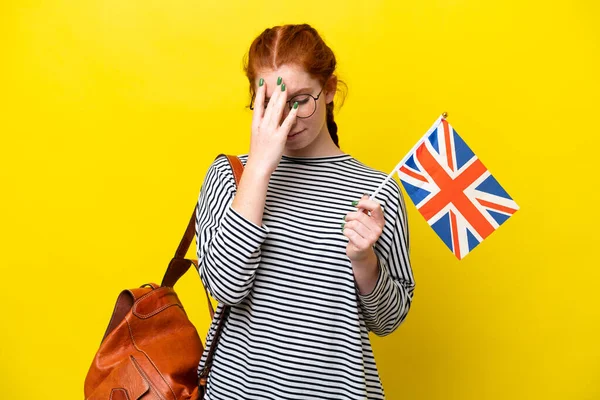 Young Hispanic Woman Holding United Kingdom Flag Isolated Yellow Background — ストック写真