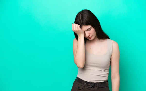 Young Russian Woman Isolated Green Background Headache — Stok fotoğraf