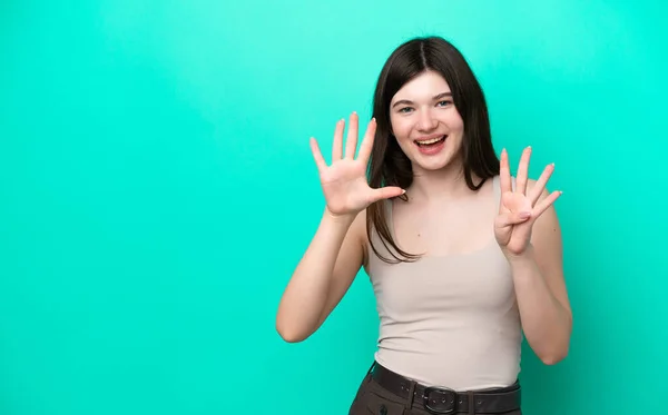 Young Russian Woman Isolated Green Background Counting Nine Fingers — Foto de Stock