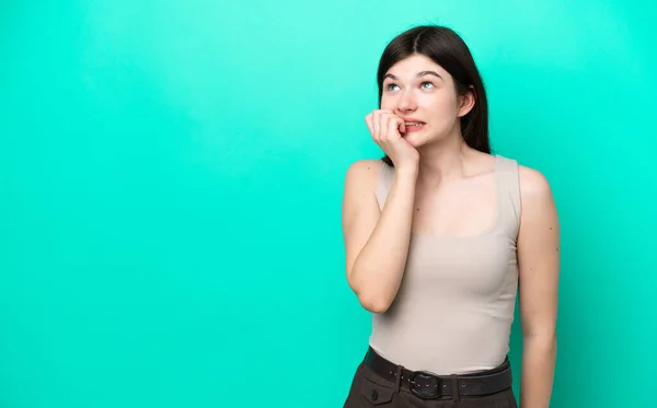 Young Russian Woman Isolated Green Background Little Bit Nervous — Foto de Stock