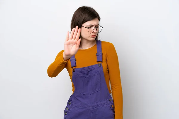 Young Russian Woman Isolated Blue Background Making Stop Gesture Disappointed — Foto Stock