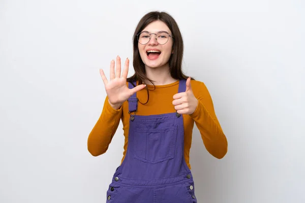 Young Russian Woman Isolated Blue Background Counting Six Fingers — Stock Photo, Image