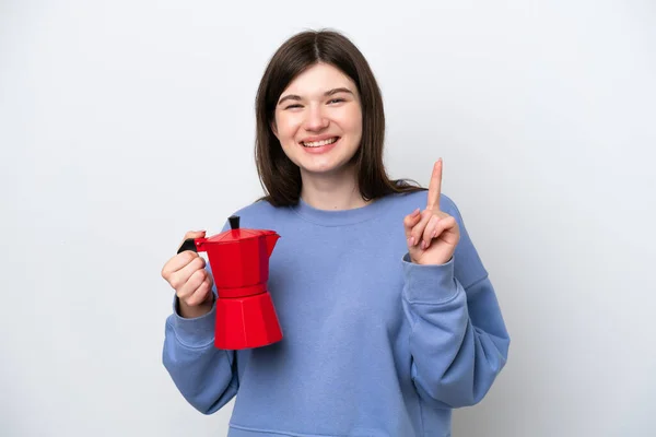 Young Russian Woman Holding Coffee Pot Isolated White Background Showing — Photo