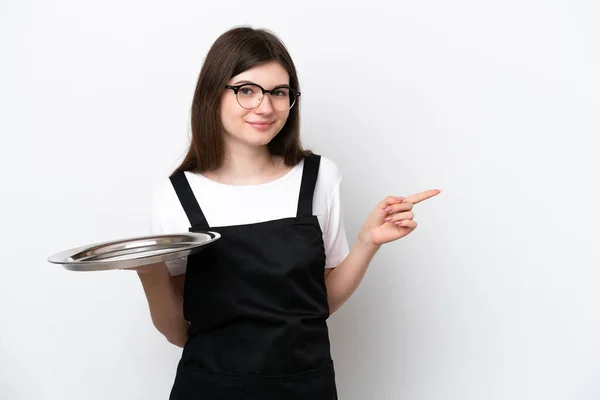 Young Russian Woman Chef Tray Isolated White Background Pointing Finger — Photo