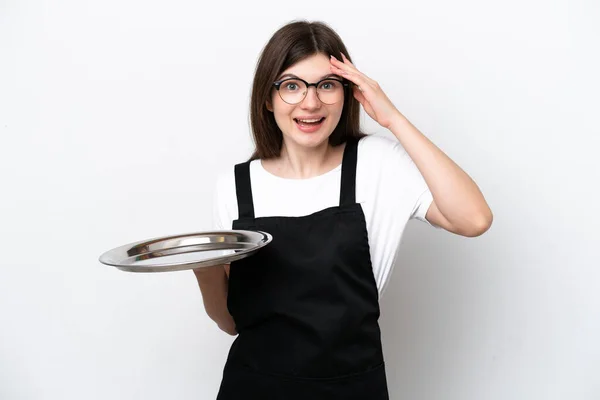 Young Russian Woman Chef Tray Isolated White Background Surprise Expression — Photo
