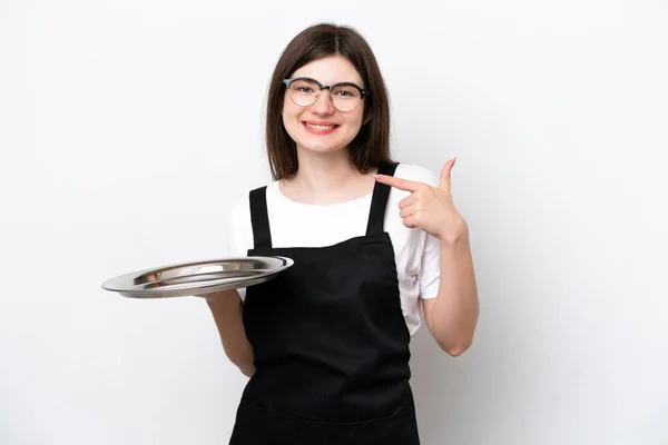 Young Russian Woman Chef Tray Isolated White Background Giving Thumbs — Photo