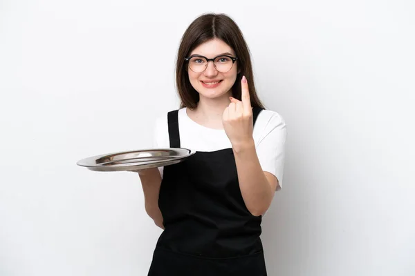 Young Russian Woman Chef Tray Isolated White Background Doing Coming — Photo