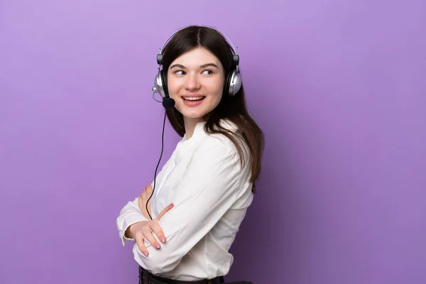 Telemarketer Russian Woman Working Headset Isolated Purple Background Arms Crossed — 스톡 사진