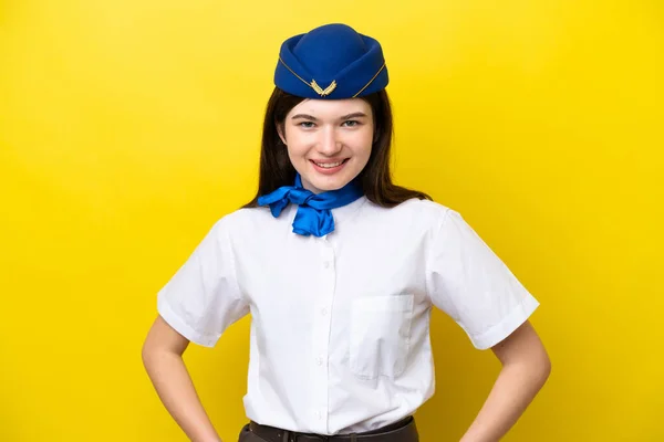 Airplane Stewardess Russian Woman Isolated Yellow Background Laughing —  Fotos de Stock