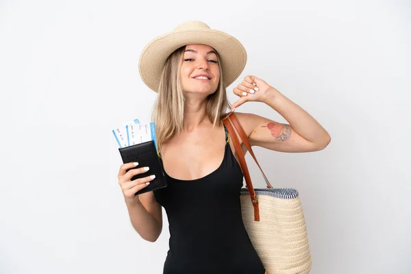 Young Woman Swimsuit Holding Passport Isolated White Background Proud Self — Fotografia de Stock