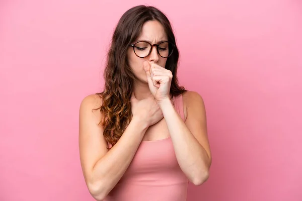 Young Caucasian Woman Isolated Pink Background Coughing Lot — Stock Photo, Image