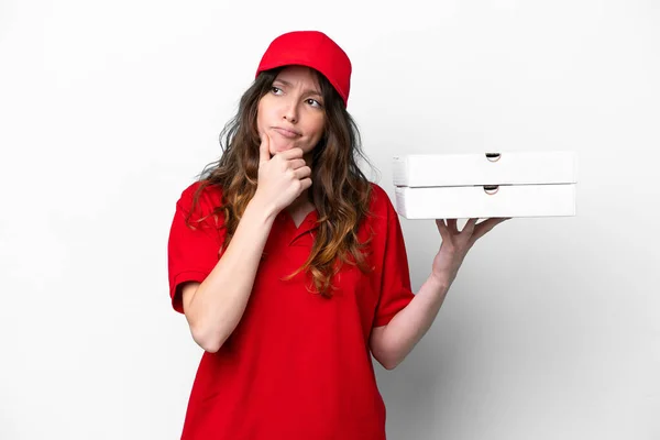 Pizza Delivery Woman Work Uniform Picking Pizza Boxes Isolated White — Foto Stock