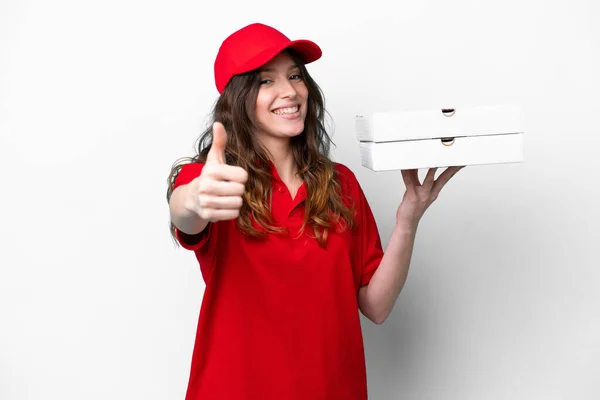 Pizza Delivery Woman Work Uniform Picking Pizza Boxes Isolated White — Foto Stock
