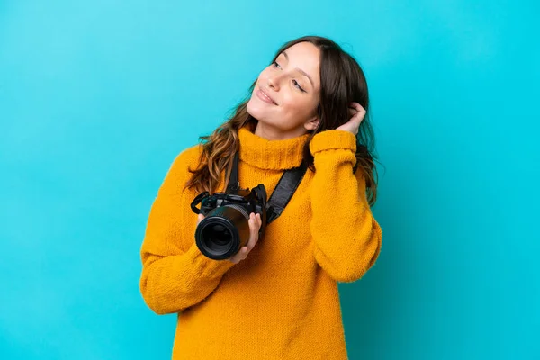 Young Photographer Woman Isolated Blue Background Thinking Idea — Photo