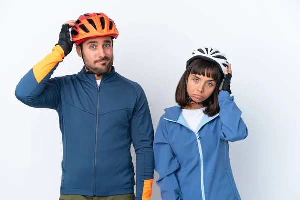 Young Cyclist Couple Isolated White Background Expression Frustration Understanding — Stock Fotó
