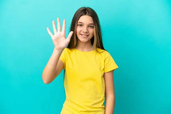 Little Girl Isolated Blue Background Counting Five Fingers — 스톡 사진