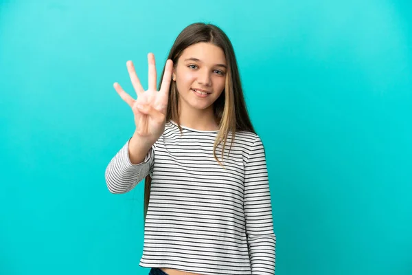 Menina Sobre Fundo Azul Isolado Feliz Contando Quatro Com Dedos — Fotografia de Stock