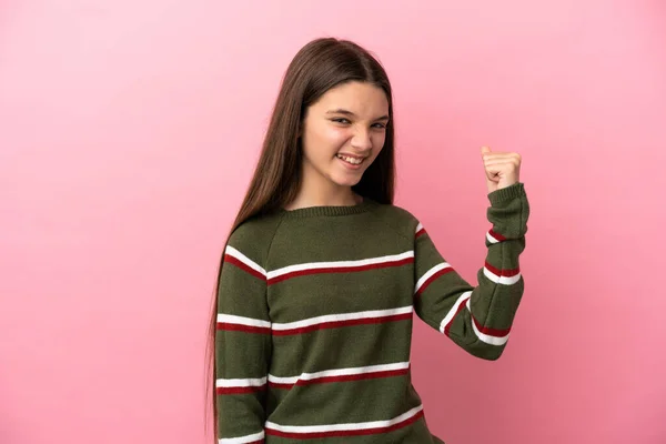 Little Girl Isolated Pink Background Celebrating Victory — Stock Photo, Image