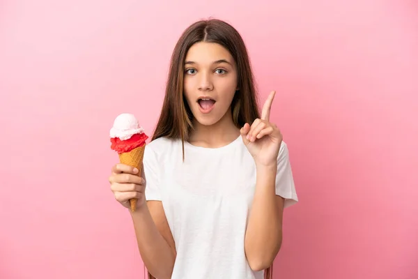 Little Girl Cornet Ice Cream Isolated Pink Background Thinking Idea — Stockfoto