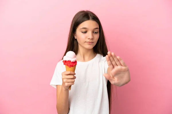 Little Girl Cornet Ice Cream Isolated Pink Background Making Stop — Stockfoto