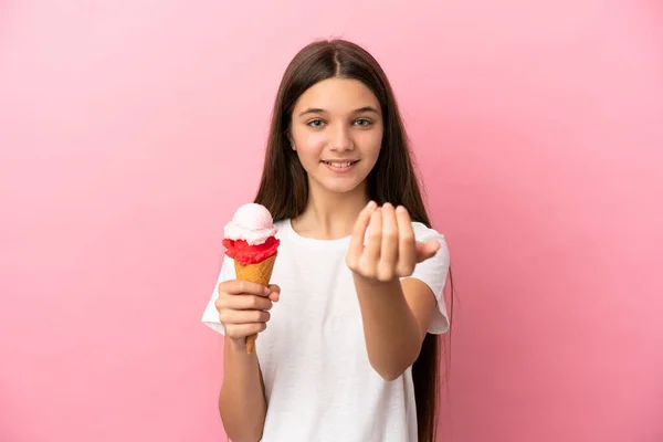 Little Girl Cornet Ice Cream Isolated Pink Background Inviting Come — Stockfoto