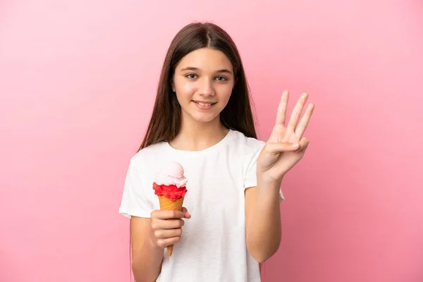 Little Girl Cornet Ice Cream Isolated Pink Background Happy Counting — Stockfoto